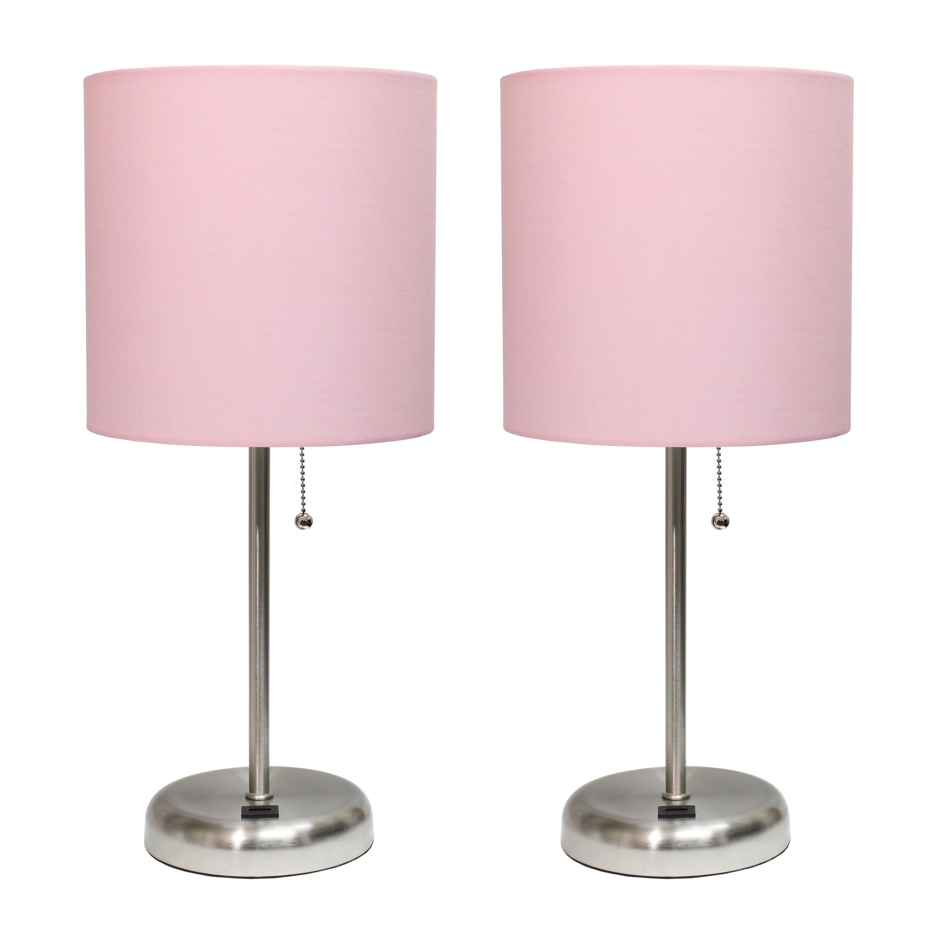 All The Rages LimeLights 2-Piece Brushed Steel Stick Lamps With USB Charging Port & Light Pink Fabric Shades