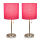 All The Rages LimeLights 2-Piece Brushed Steel Stick Lamps With USB Charging Port & Pink Fabric Shades