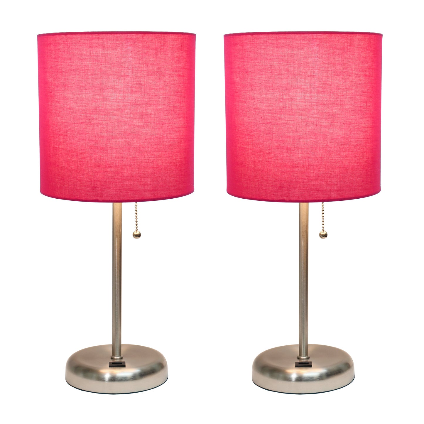 All The Rages LimeLights 2-Piece Brushed Steel Stick Lamps With USB Charging Port & Pink Fabric Shades