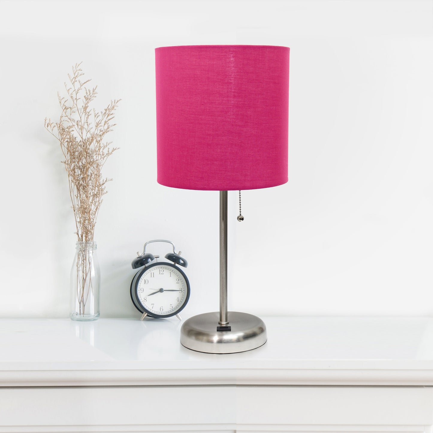 All The Rages LimeLights 2-Piece Brushed Steel Stick Lamps With USB Charging Port & Pink Fabric Shades