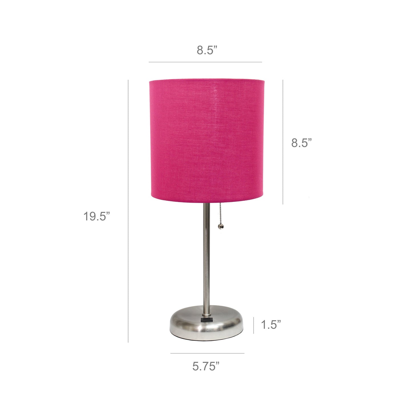 All The Rages LimeLights 2-Piece Brushed Steel Stick Lamps With USB Charging Port & Pink Fabric Shades