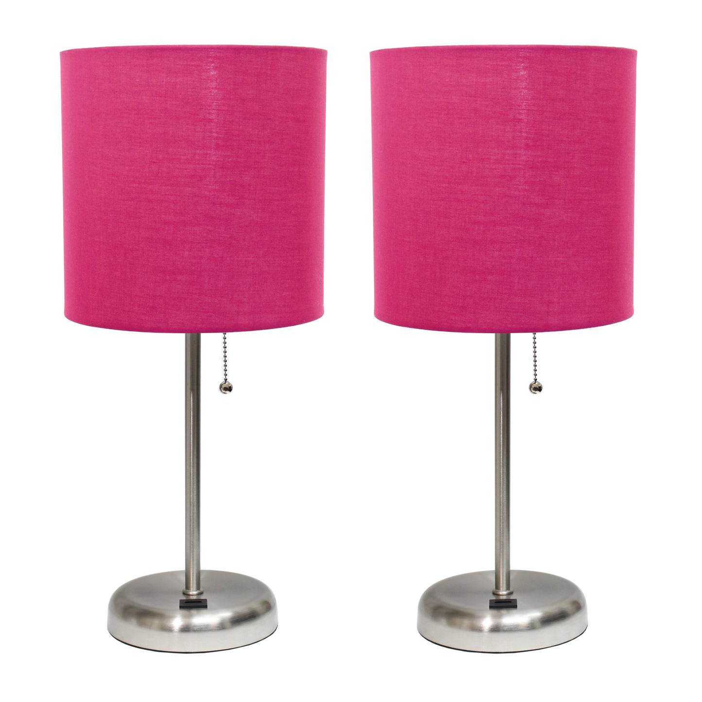 All The Rages LimeLights 2-Piece Brushed Steel Stick Lamps With USB Charging Port & Pink Fabric Shades