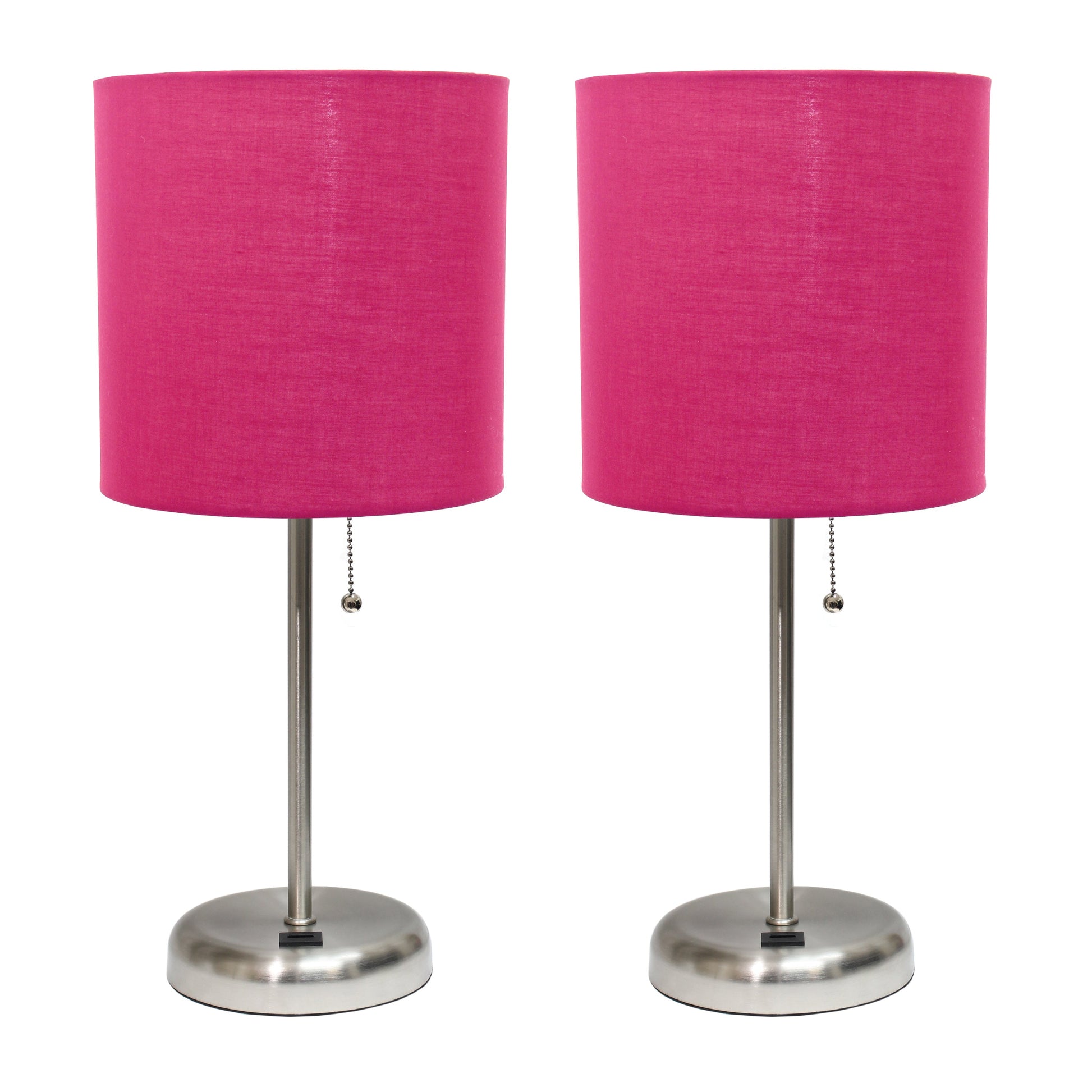 All The Rages LimeLights 2-Piece Brushed Steel Stick Lamps With USB Charging Port & Pink Fabric Shades