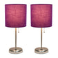 All The Rages LimeLights 2-Piece Brushed Steel Stick Lamps With USB Charging Port & Purple Fabric Shades