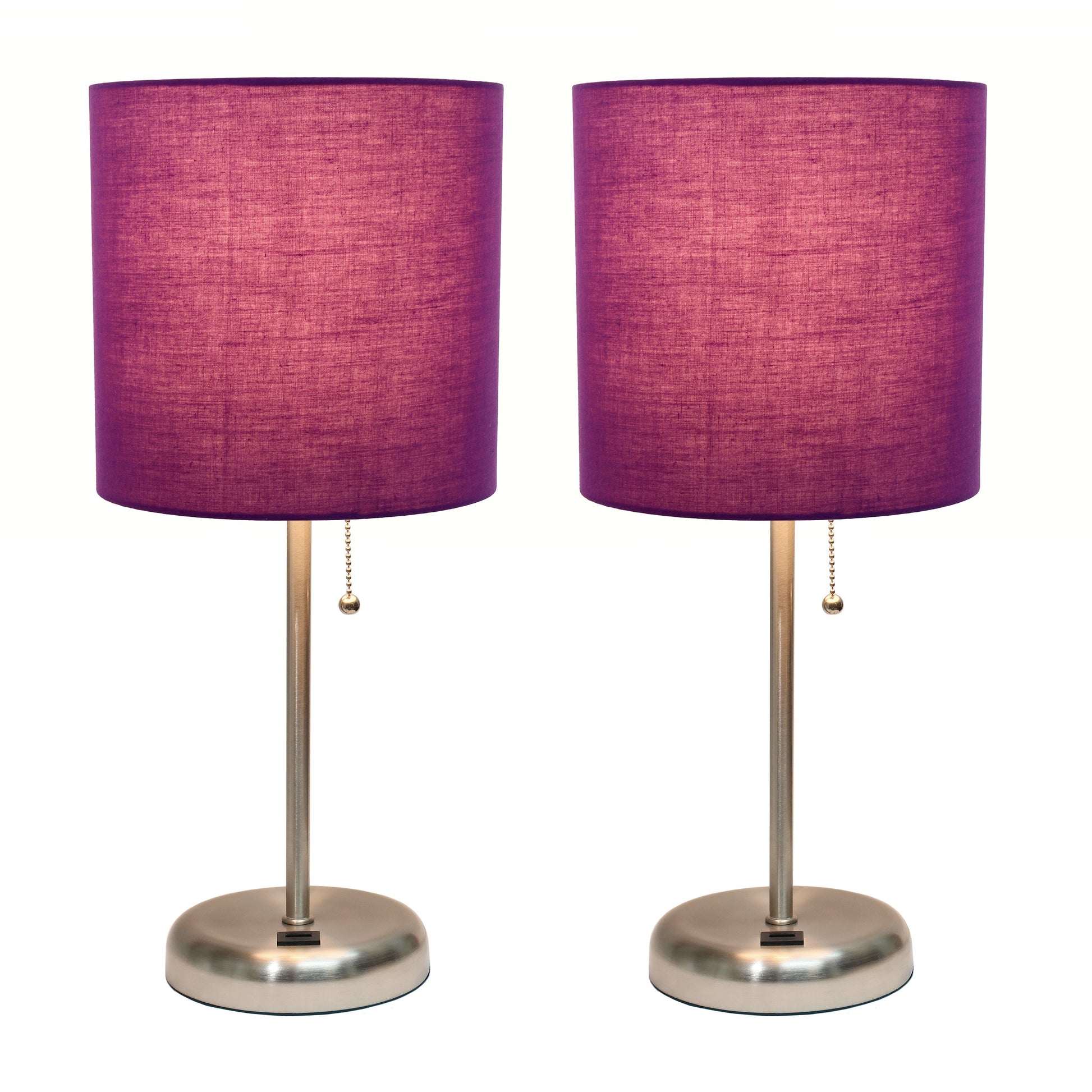 All The Rages LimeLights 2-Piece Brushed Steel Stick Lamps With USB Charging Port & Purple Fabric Shades