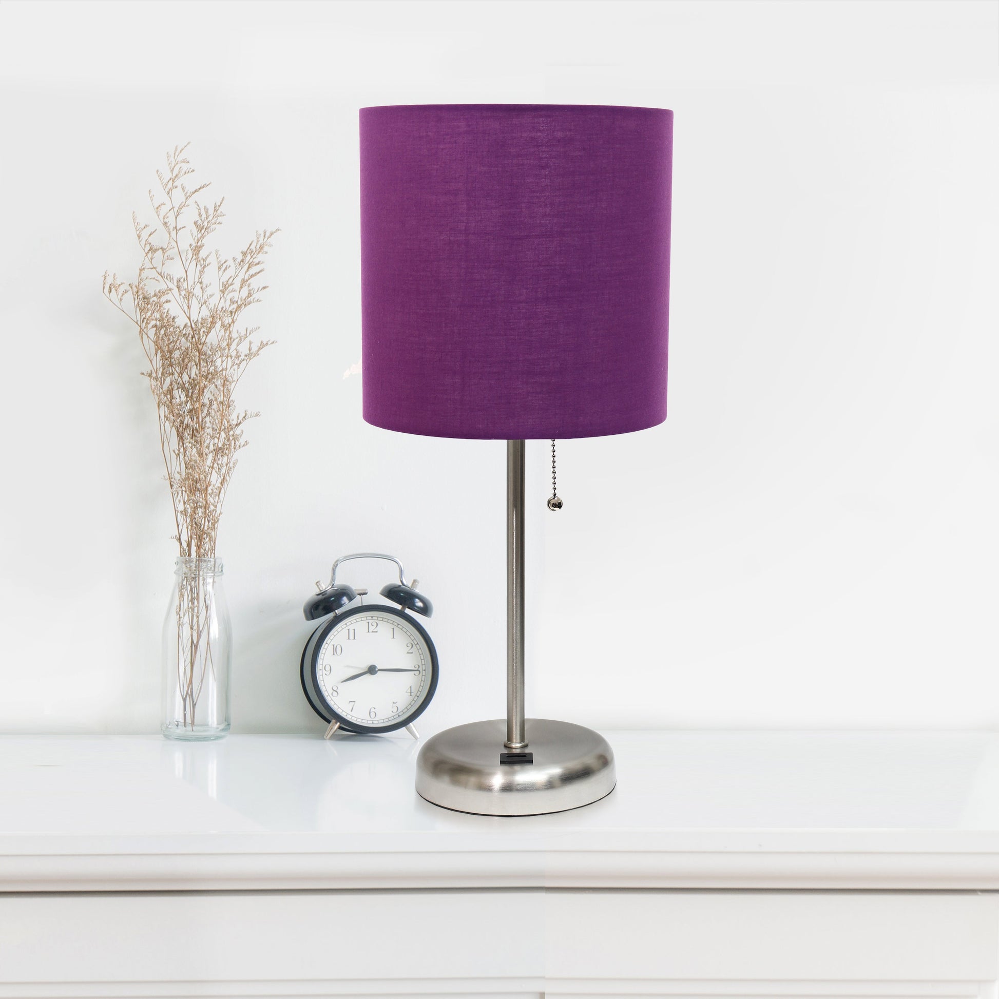 All The Rages LimeLights 2-Piece Brushed Steel Stick Lamps With USB Charging Port & Purple Fabric Shades