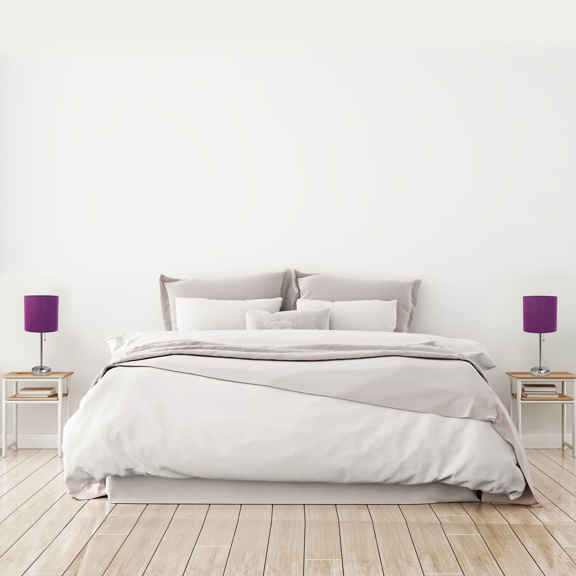 All The Rages LimeLights 2-Piece Brushed Steel Stick Lamps With USB Charging Port & Purple Fabric Shades