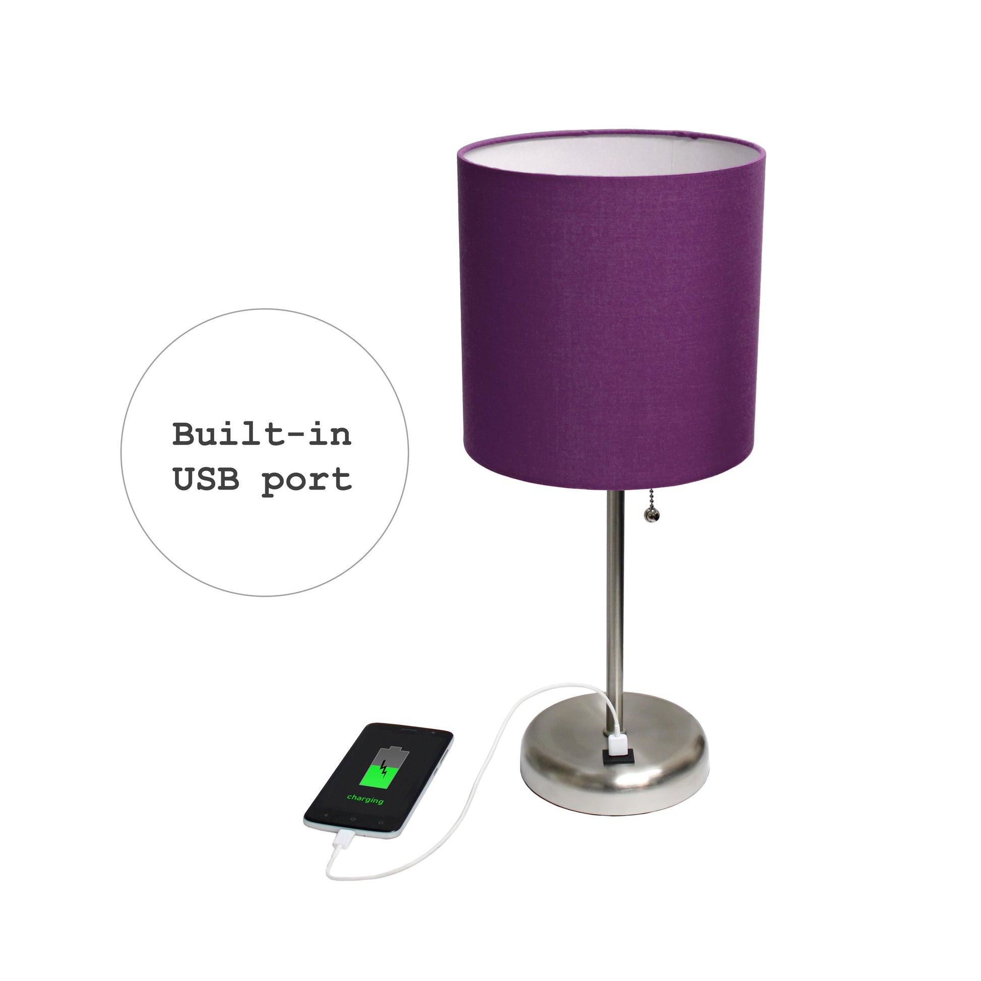 All The Rages LimeLights 2-Piece Brushed Steel Stick Lamps With USB Charging Port & Purple Fabric Shades