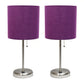 All The Rages LimeLights 2-Piece Brushed Steel Stick Lamps With USB Charging Port & Purple Fabric Shades