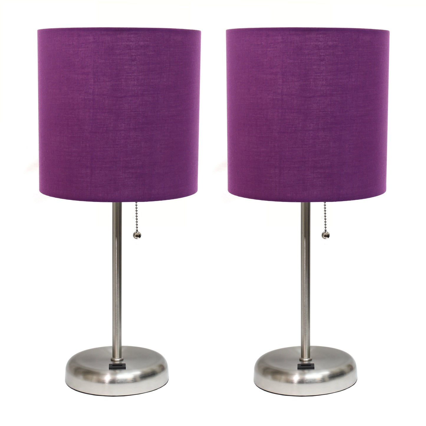 All The Rages LimeLights 2-Piece Brushed Steel Stick Lamps With USB Charging Port & Purple Fabric Shades