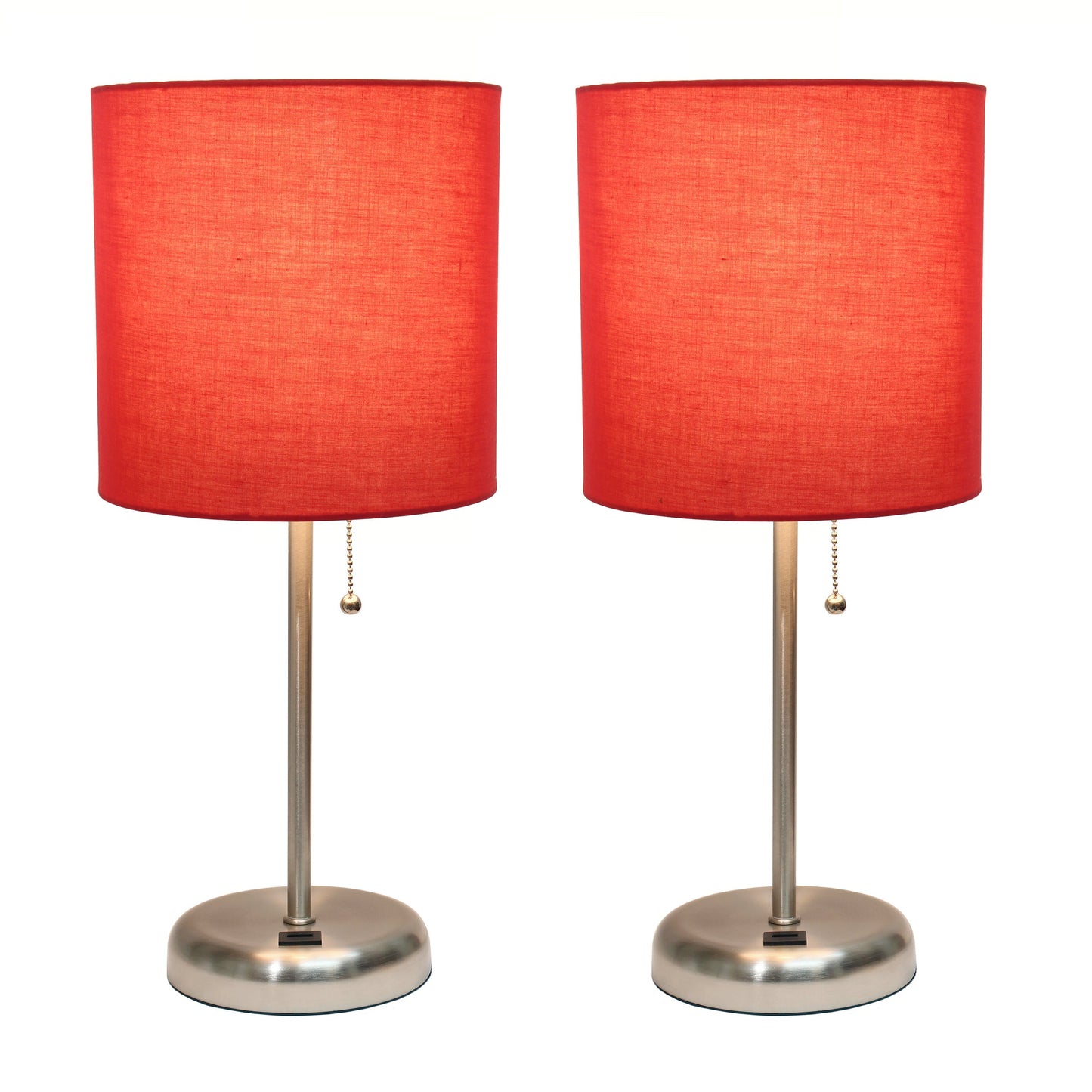 All The Rages LimeLights 2-Piece Brushed Steel Stick Lamps With USB Charging Port & Red Fabric Shades