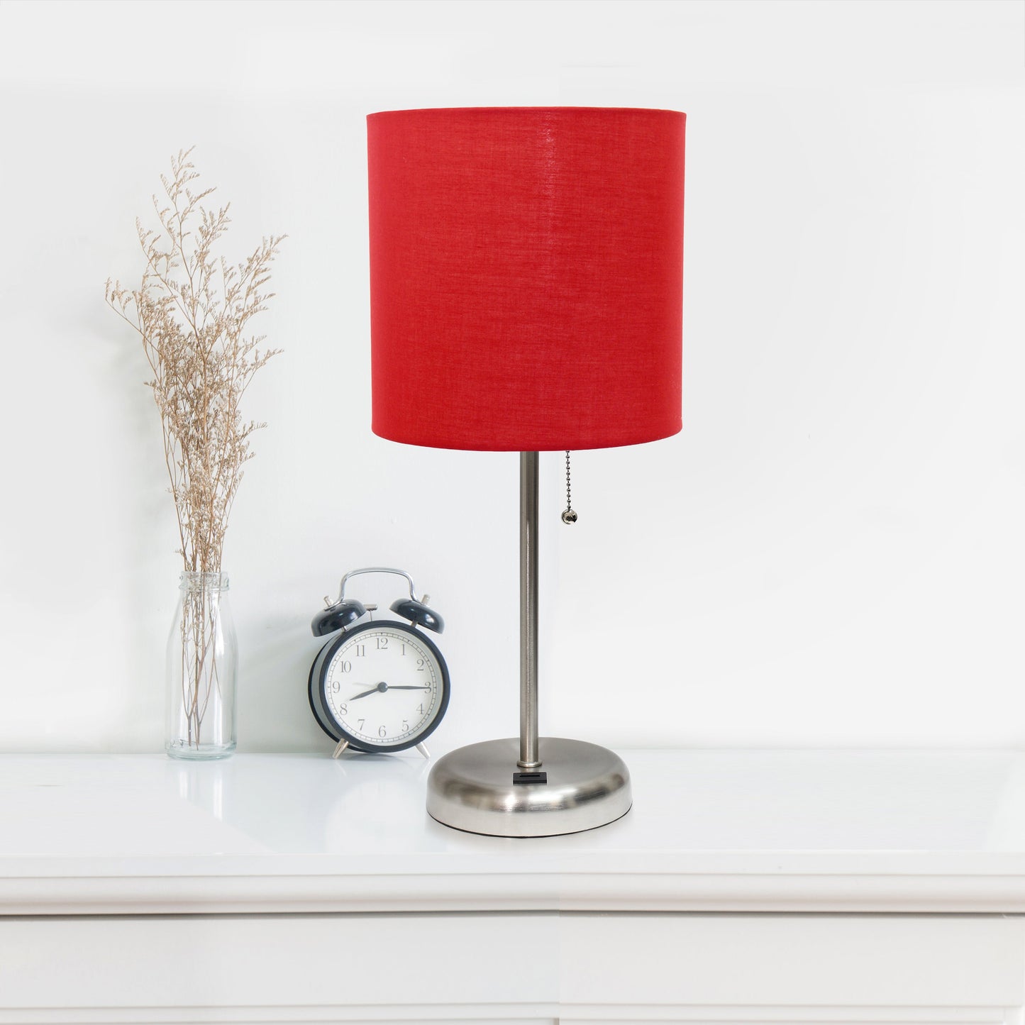 All The Rages LimeLights 2-Piece Brushed Steel Stick Lamps With USB Charging Port & Red Fabric Shades