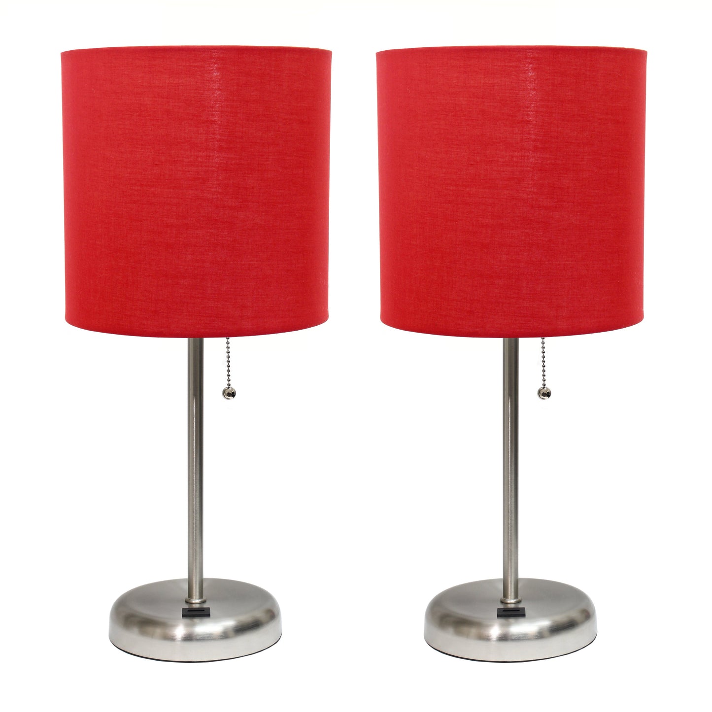 All The Rages LimeLights 2-Piece Brushed Steel Stick Lamps With USB Charging Port & Red Fabric Shades