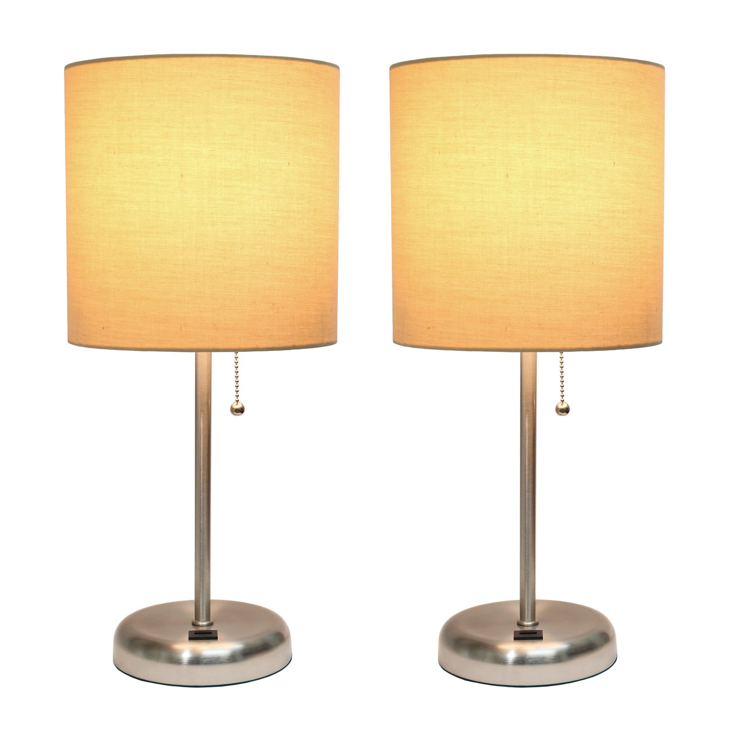 All The Rages LimeLights 2-Piece Brushed Steel Stick Lamps With USB Charging Port & Tan Fabric Shades