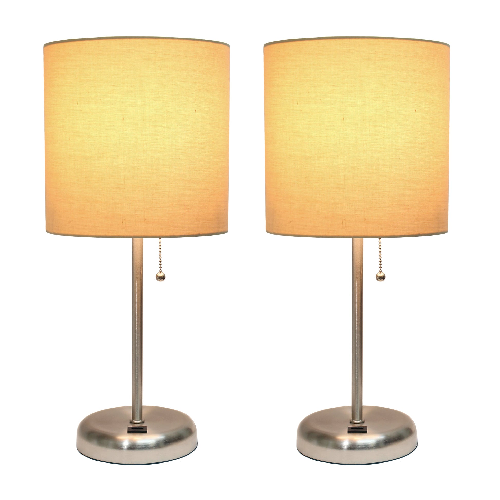 All The Rages LimeLights 2-Piece Brushed Steel Stick Lamps With USB Charging Port & Tan Fabric Shades