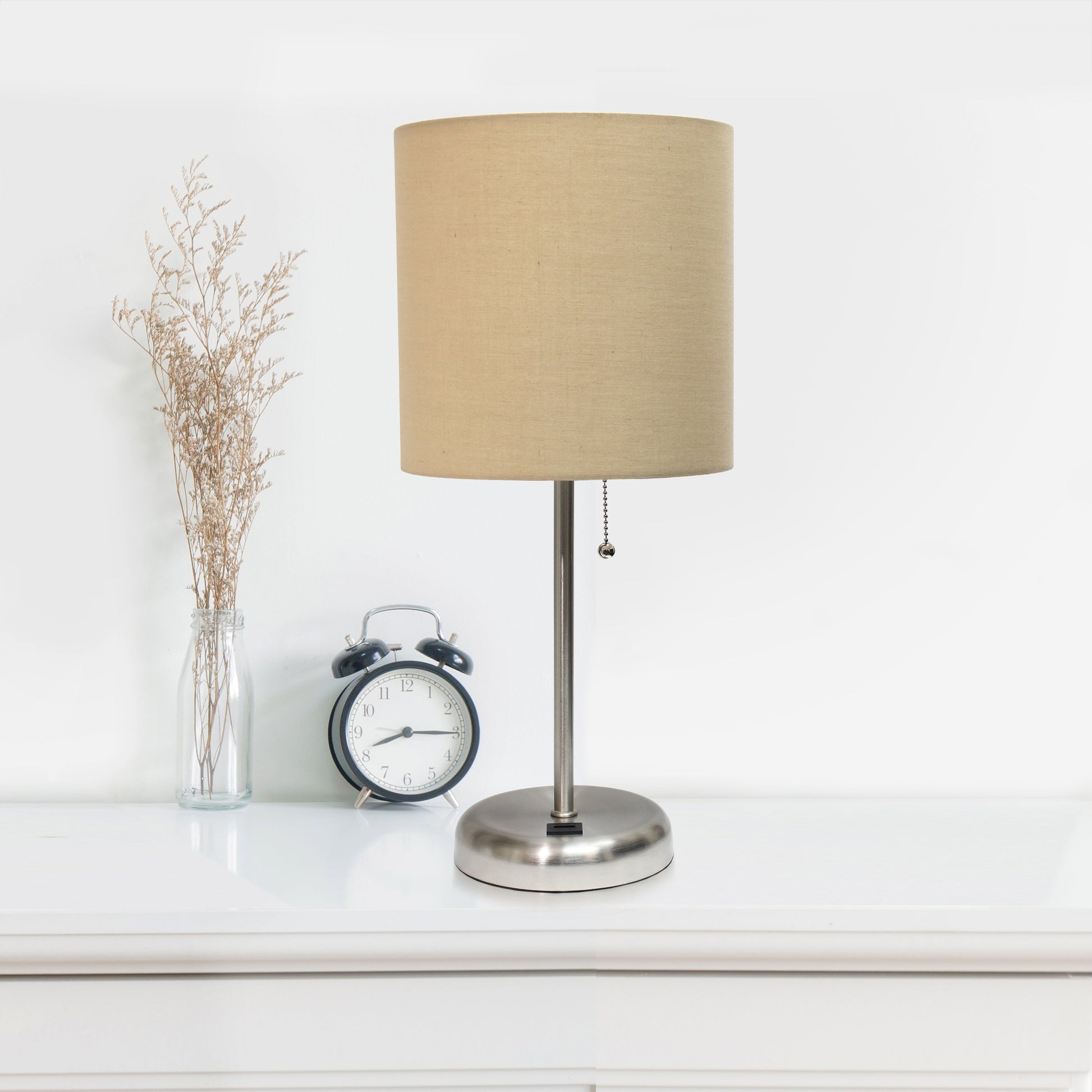 All The Rages LimeLights 2-Piece Brushed Steel Stick Lamps With USB Charging Port & Tan Fabric Shades