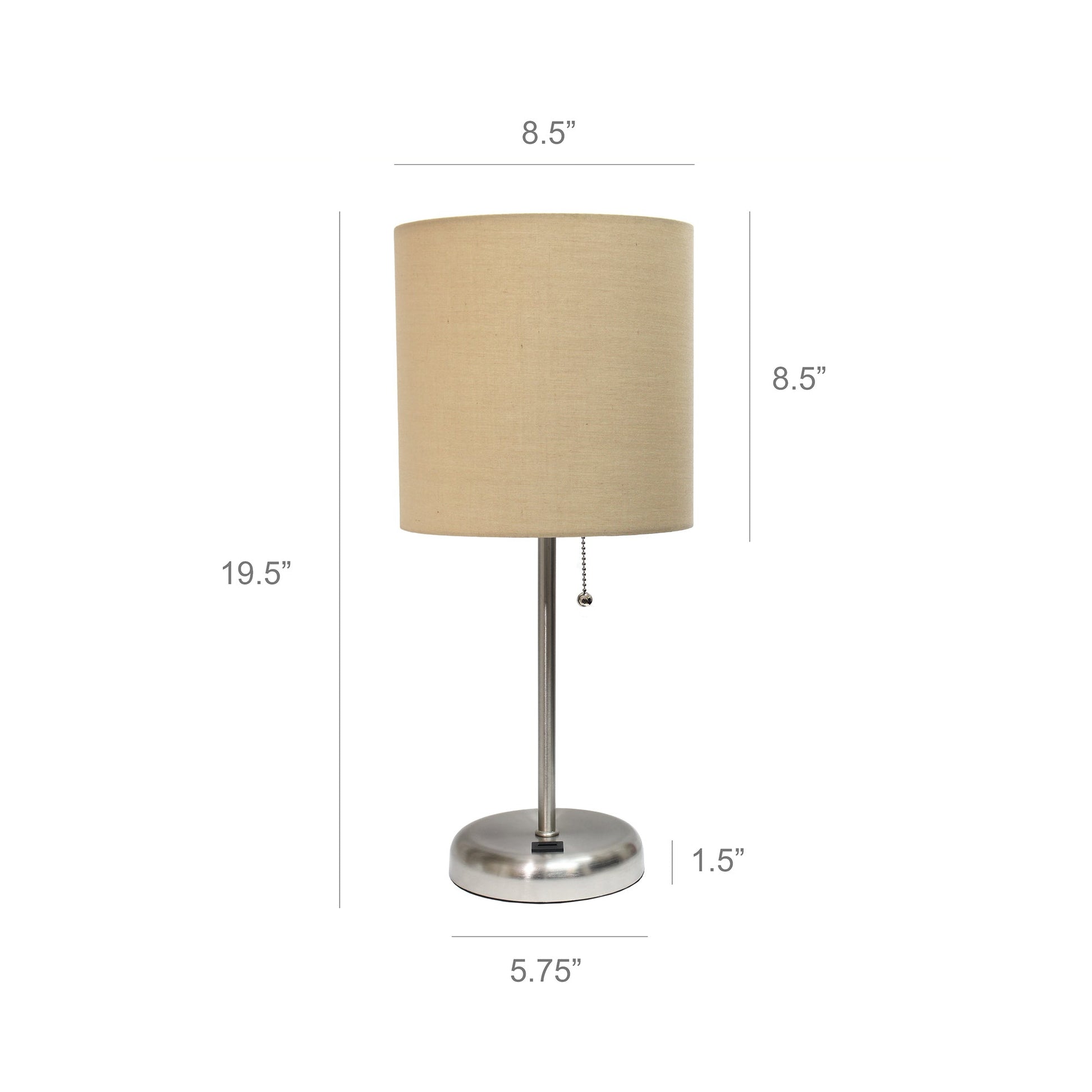 All The Rages LimeLights 2-Piece Brushed Steel Stick Lamps With USB Charging Port & Tan Fabric Shades