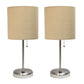 All The Rages LimeLights 2-Piece Brushed Steel Stick Lamps With USB Charging Port & Tan Fabric Shades