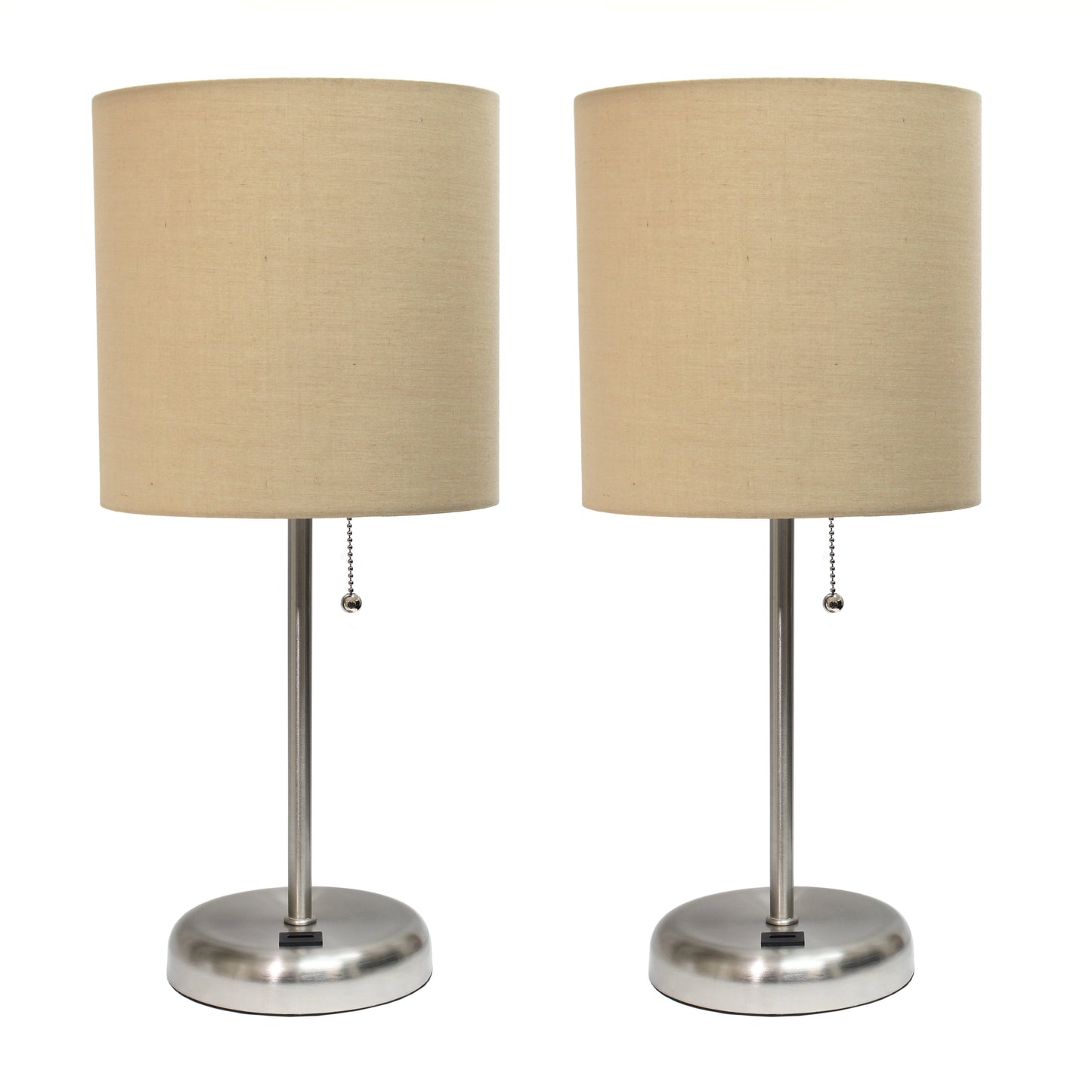All The Rages LimeLights 2-Piece Brushed Steel Stick Lamps With USB Charging Port & Tan Fabric Shades