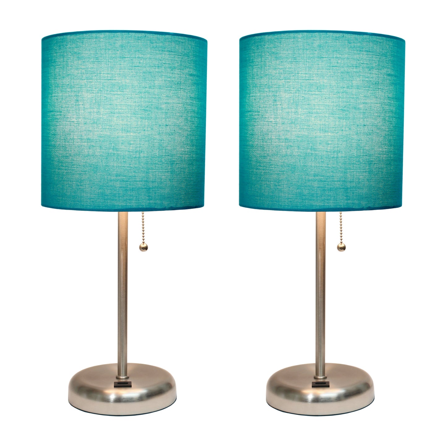 All The Rages LimeLights 2-Piece Brushed Steel Stick Lamps With USB Charging Port & Teal Fabric Shades