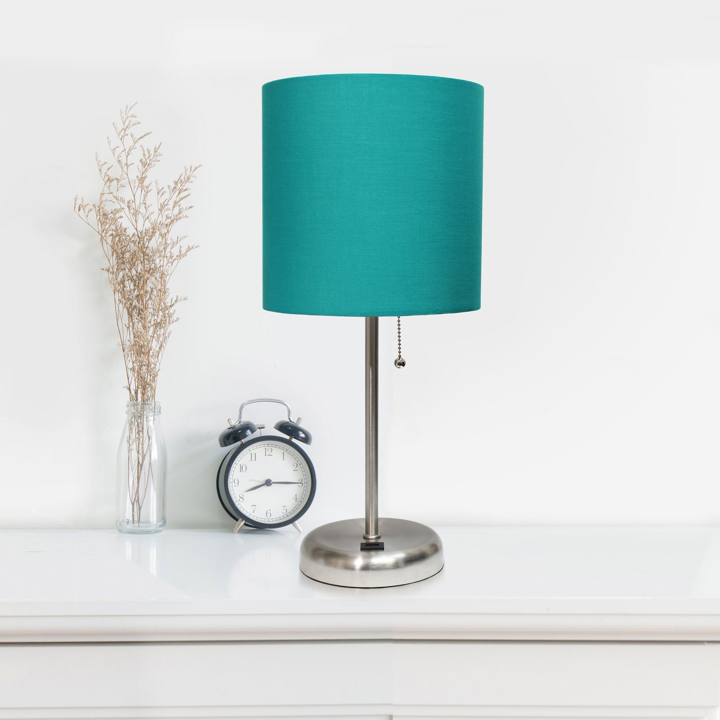 All The Rages LimeLights 2-Piece Brushed Steel Stick Lamps With USB Charging Port & Teal Fabric Shades