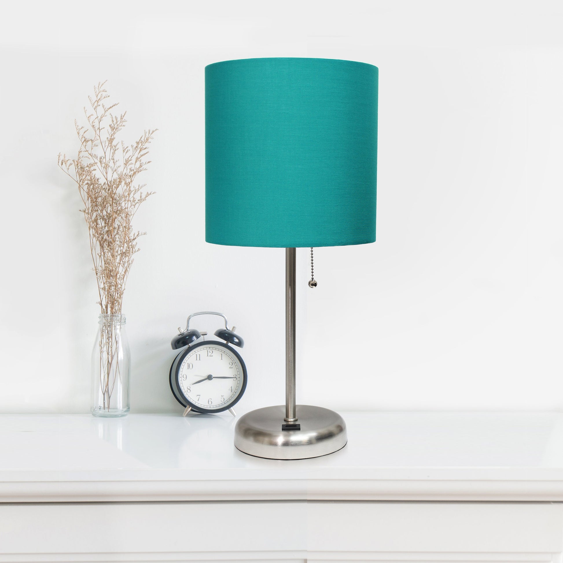 All The Rages LimeLights 2-Piece Brushed Steel Stick Lamps With USB Charging Port & Teal Fabric Shades