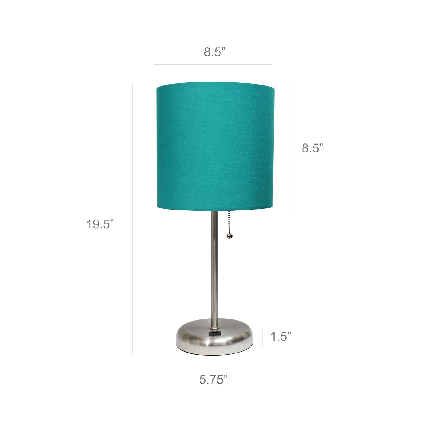 All The Rages LimeLights 2-Piece Brushed Steel Stick Lamps With USB Charging Port & Teal Fabric Shades