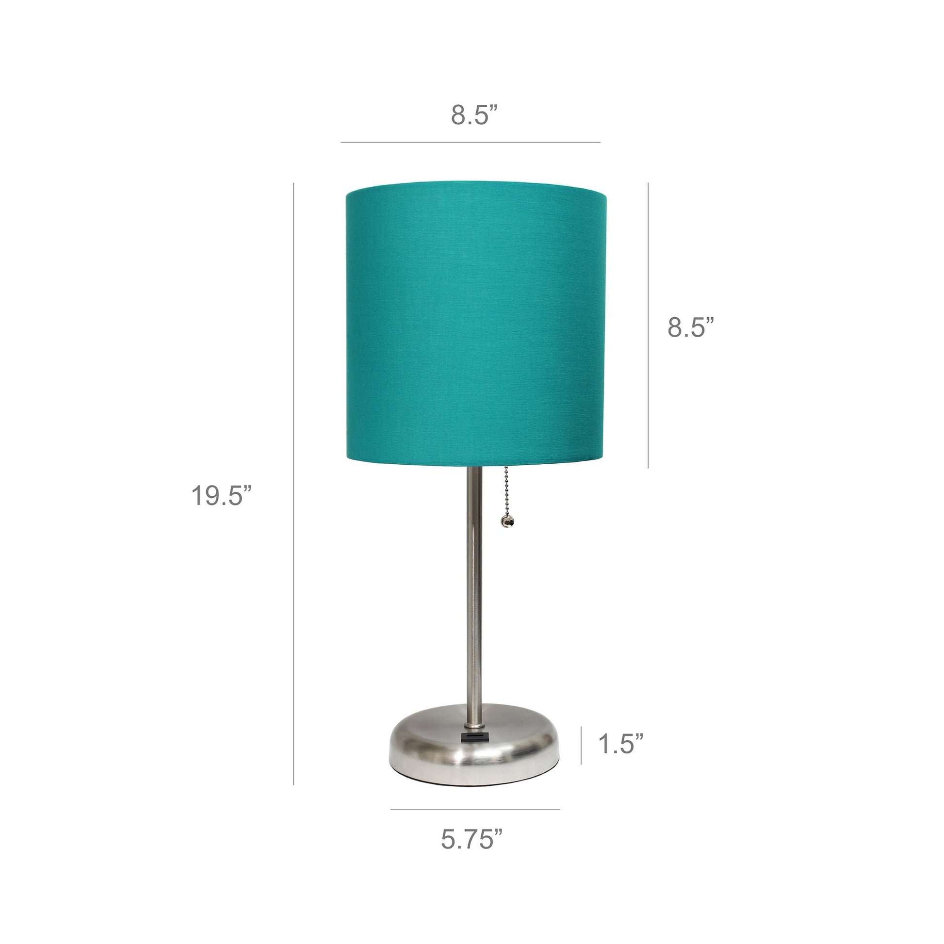 All The Rages LimeLights 2-Piece Brushed Steel Stick Lamps With USB Charging Port & Teal Fabric Shades