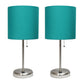 All The Rages LimeLights 2-Piece Brushed Steel Stick Lamps With USB Charging Port & Teal Fabric Shades