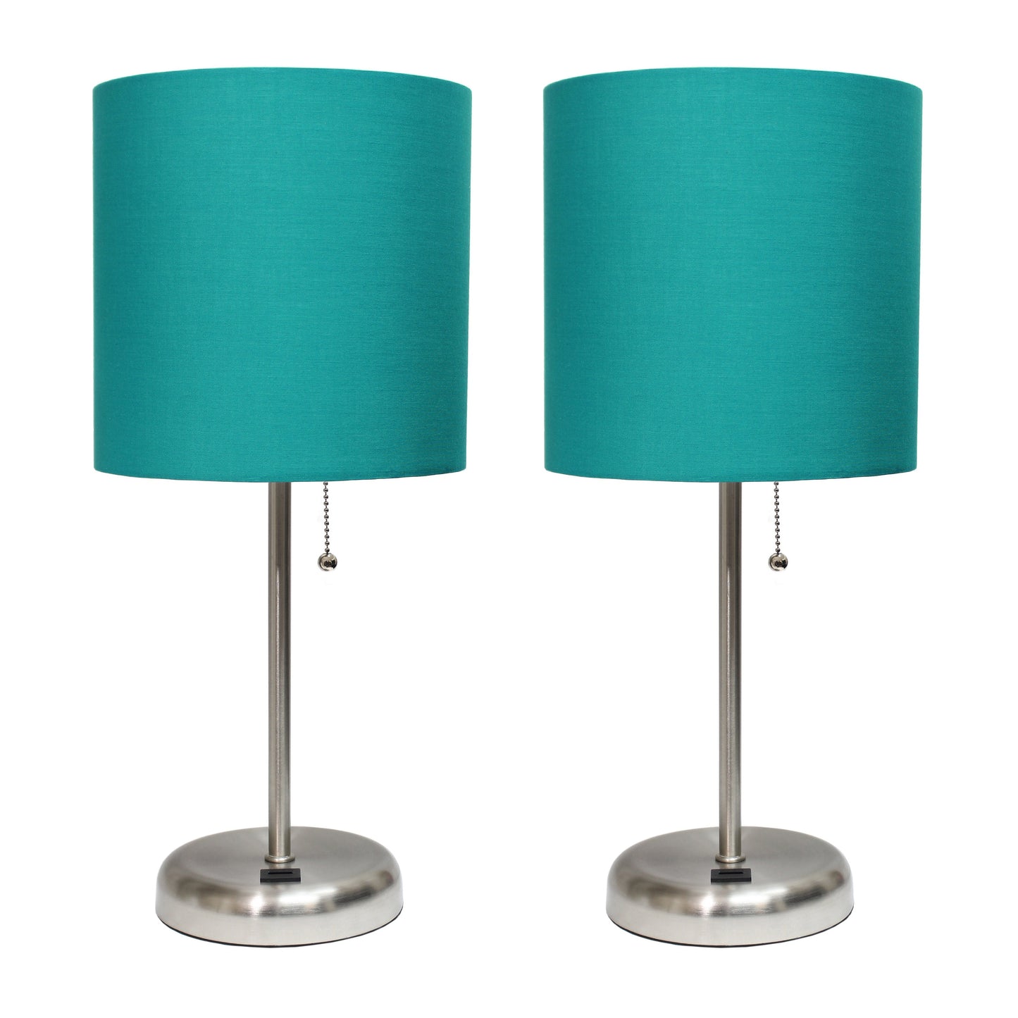 All The Rages LimeLights 2-Piece Brushed Steel Stick Lamps With USB Charging Port & Teal Fabric Shades