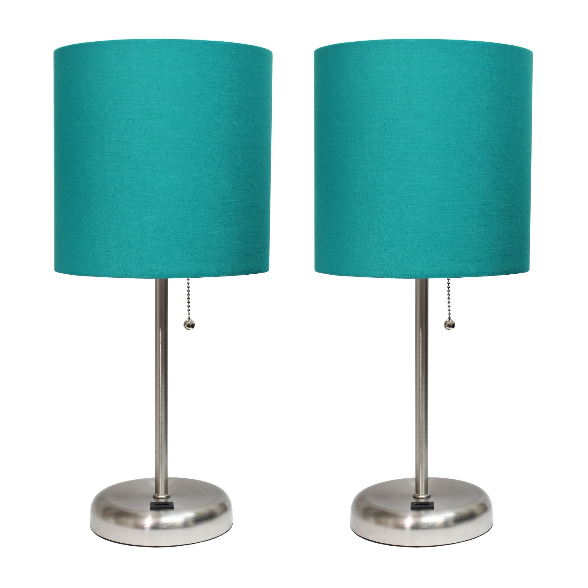 All The Rages LimeLights 2-Piece Brushed Steel Stick Lamps With USB Charging Port & Teal Fabric Shades