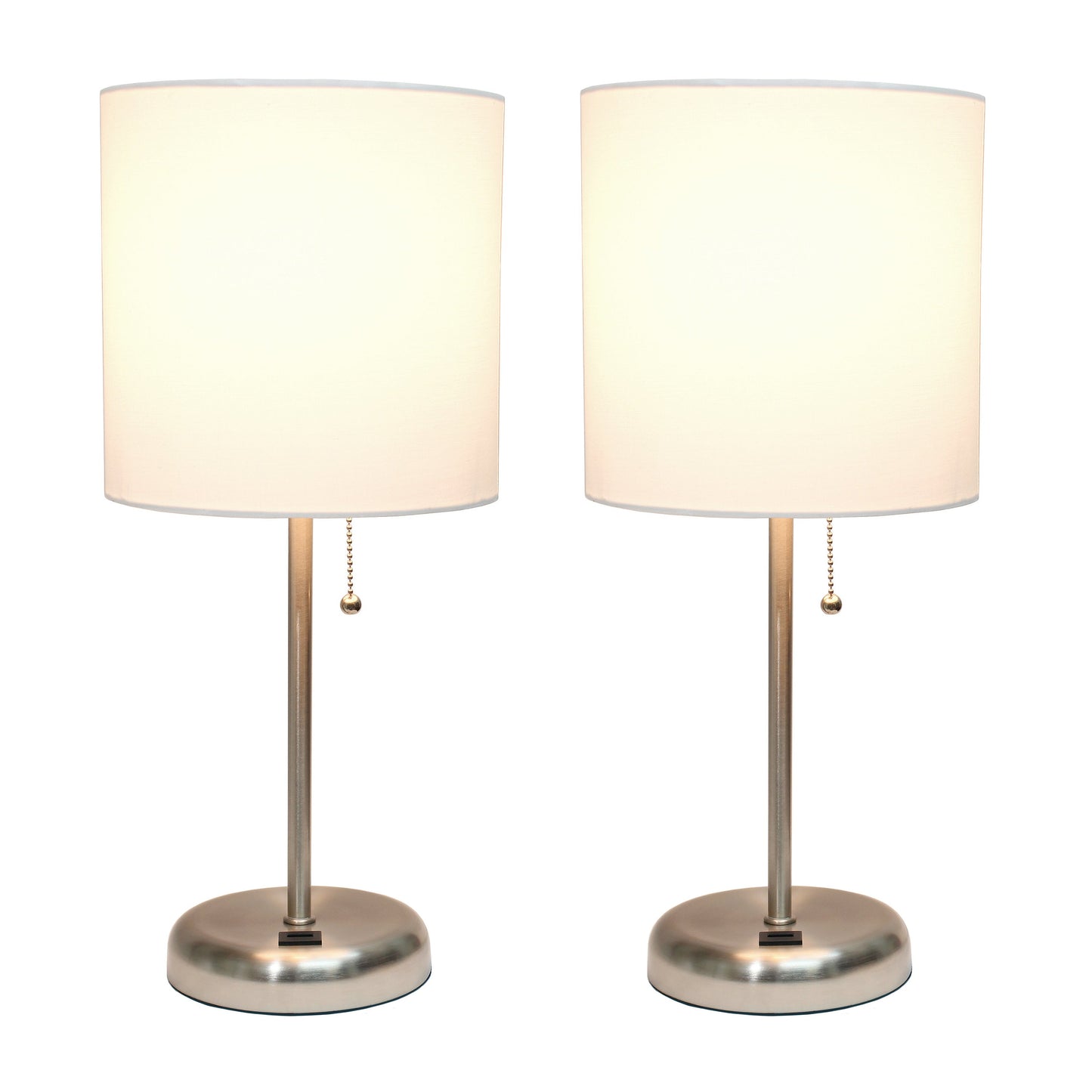 All The Rages LimeLights 2-Piece Brushed Steel Stick Lamps With USB Charging Port & White Fabric Shades