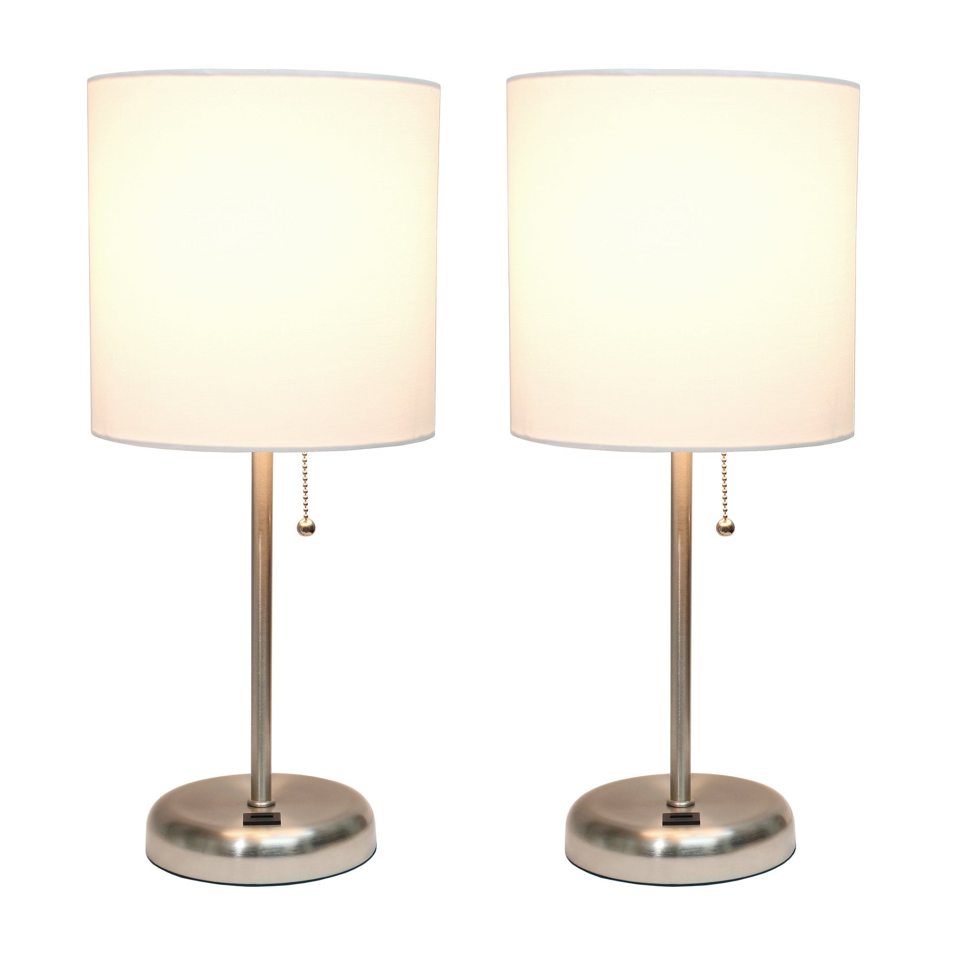 All The Rages LimeLights 2-Piece Brushed Steel Stick Lamps With USB Charging Port & White Fabric Shades