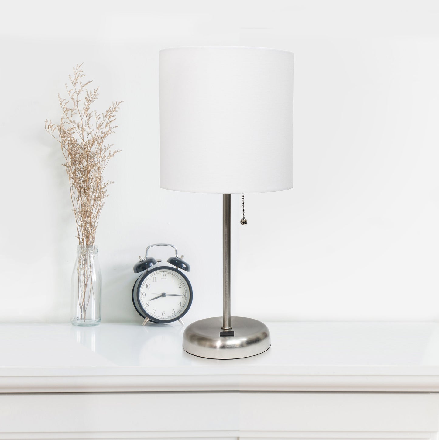 All The Rages LimeLights 2-Piece Brushed Steel Stick Lamps With USB Charging Port & White Fabric Shades