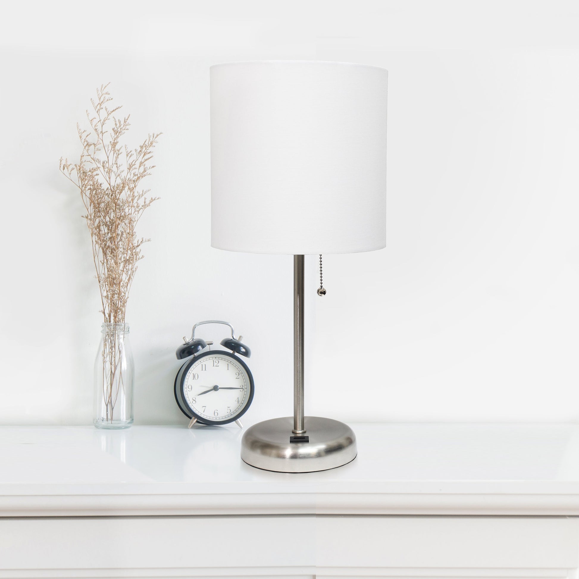 All The Rages LimeLights 2-Piece Brushed Steel Stick Lamps With USB Charging Port & White Fabric Shades