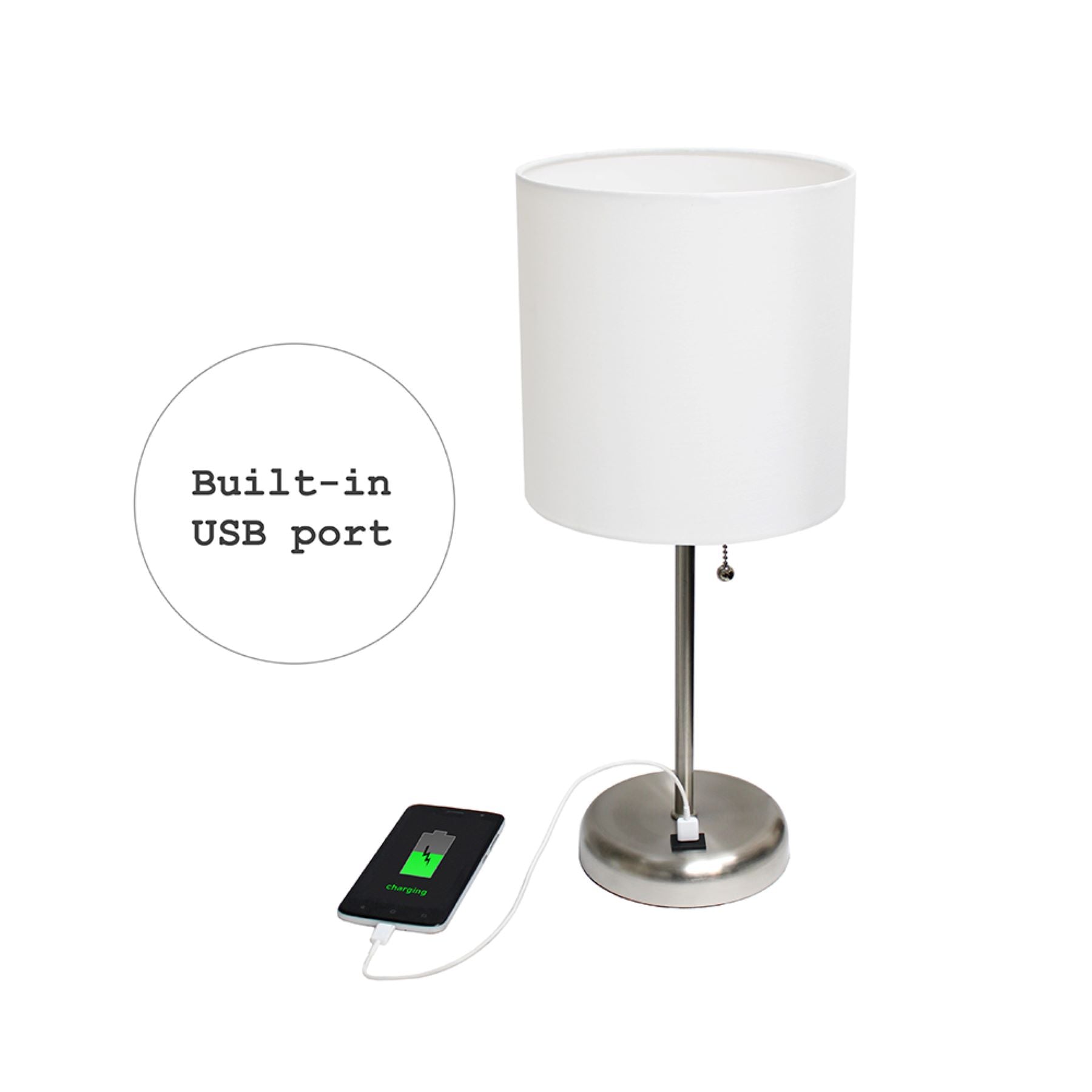 All The Rages LimeLights 2-Piece Brushed Steel Stick Lamps With USB Charging Port & White Fabric Shades