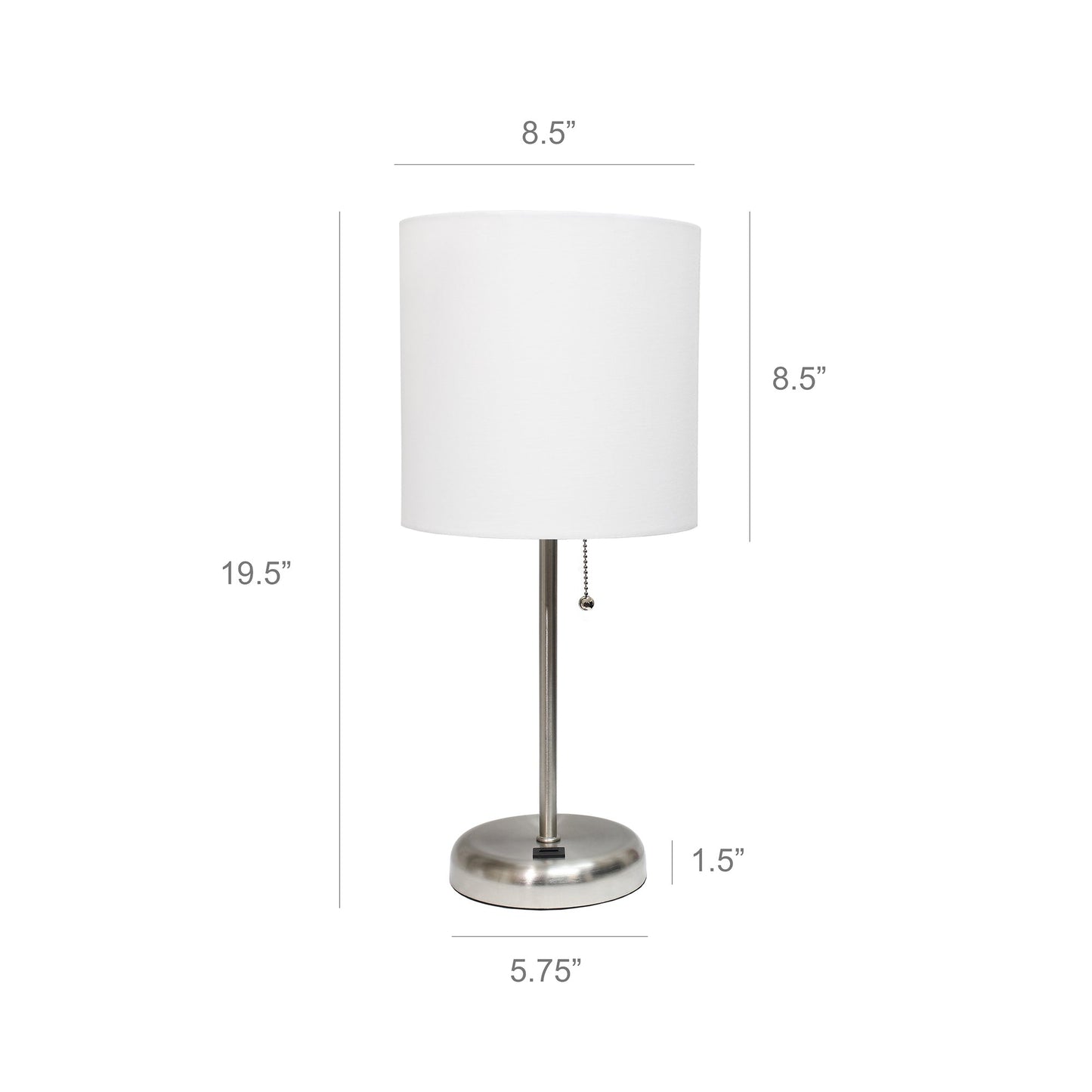 All The Rages LimeLights 2-Piece Brushed Steel Stick Lamps With USB Charging Port & White Fabric Shades