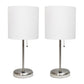 All The Rages LimeLights 2-Piece Brushed Steel Stick Lamps With USB Charging Port & White Fabric Shades