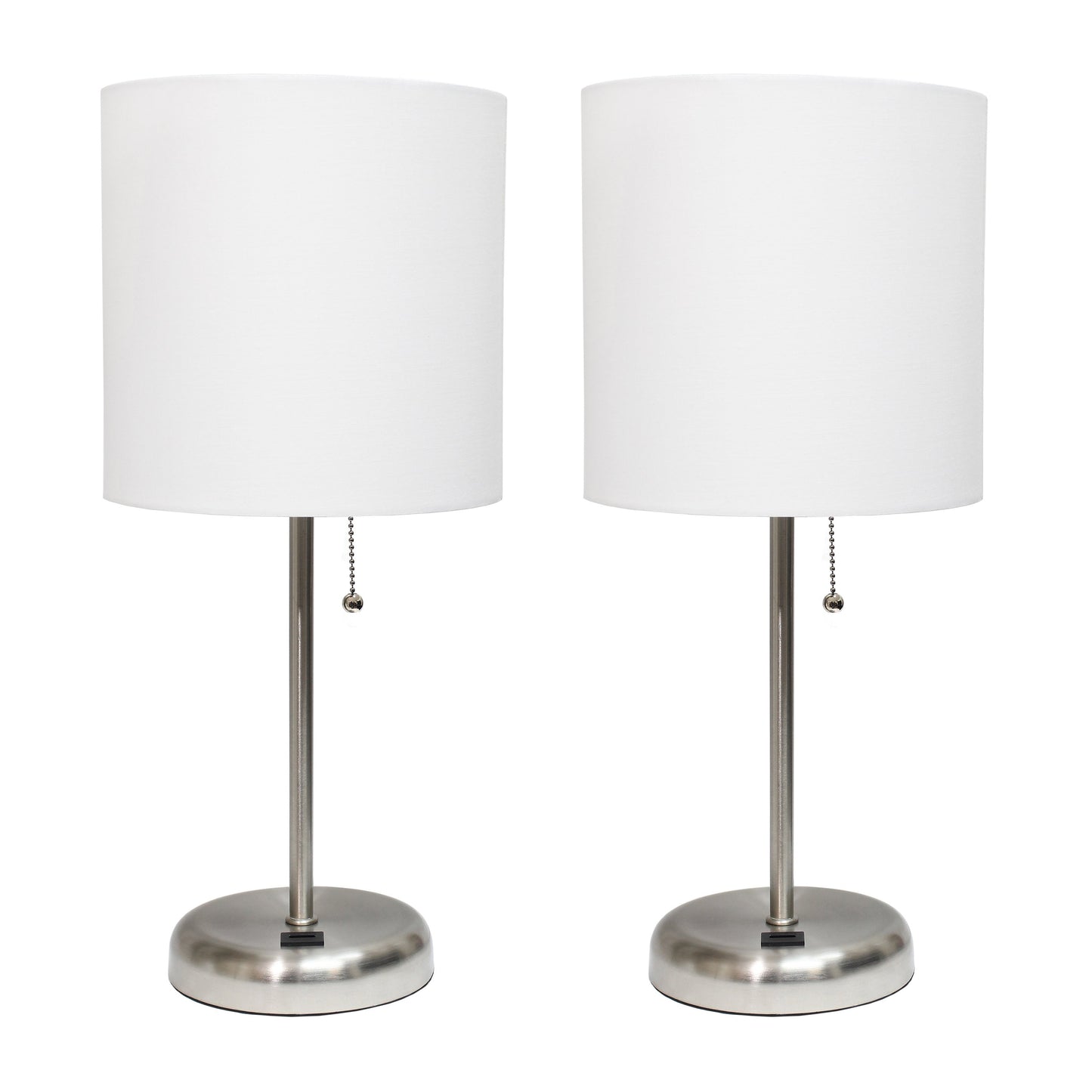 All The Rages LimeLights 2-Piece Brushed Steel Stick Lamps With USB Charging Port & White Fabric Shades