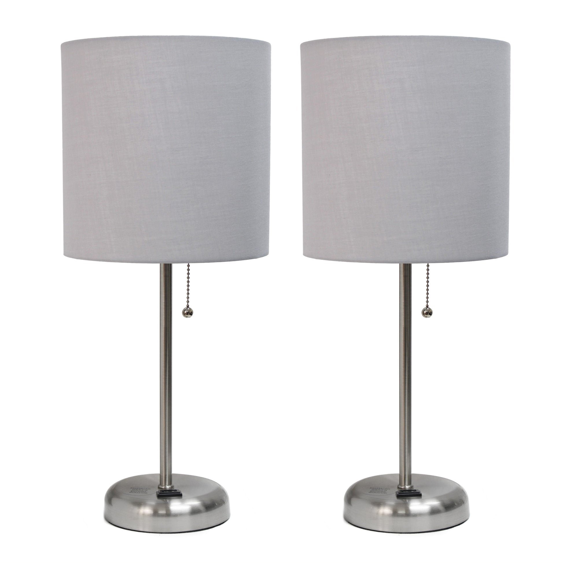 All The Rages LimeLights 2-Piece Gray Fabric Shade Brushed Steel Lamp With Charging Outlet