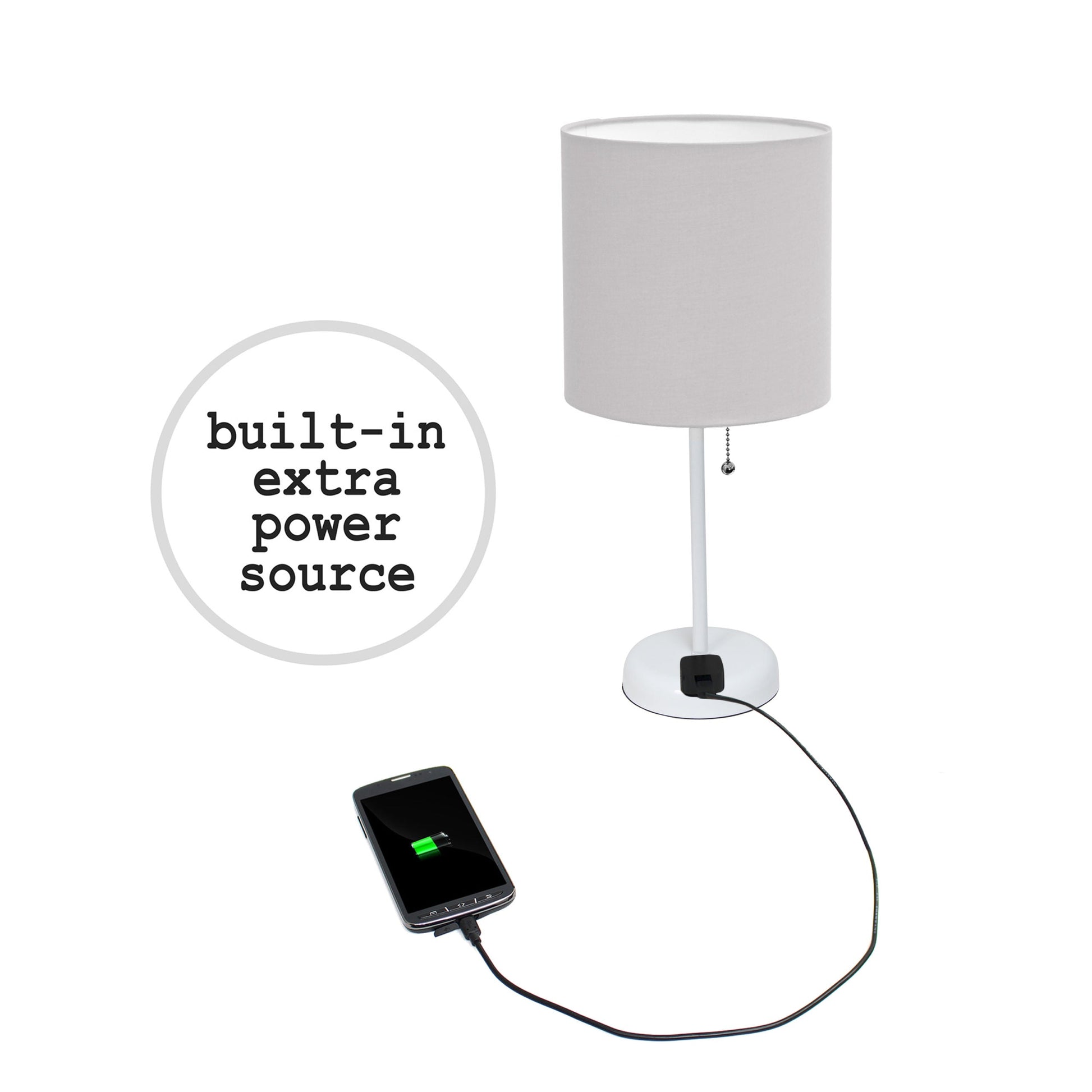 All The Rages LimeLights 2-Piece Gray Fabric Shade White Lamp With Charging Outlet