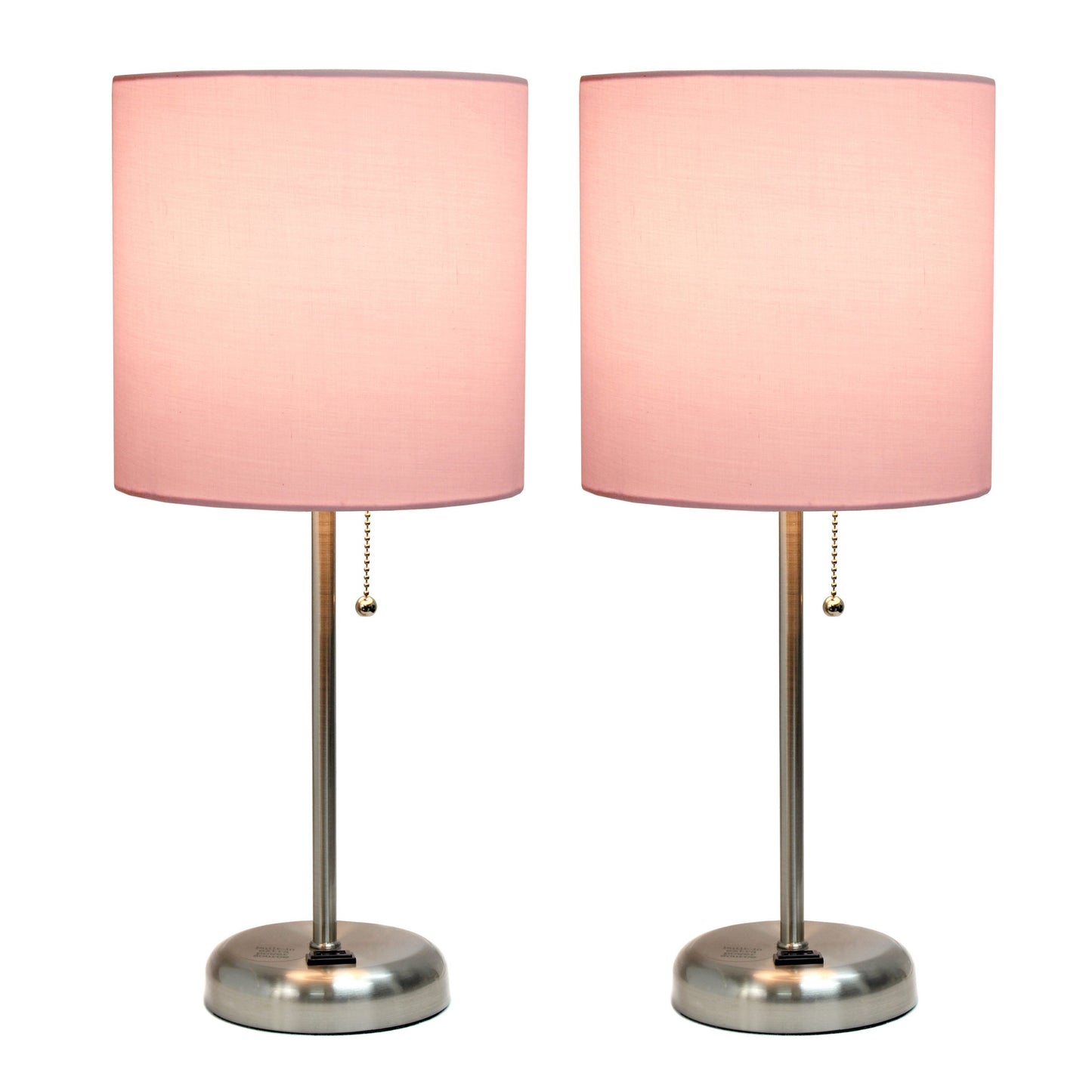 All The Rages LimeLights 2-Piece Light Pink Fabric Shade Brushed Steel Lamp With Charging Outlet
