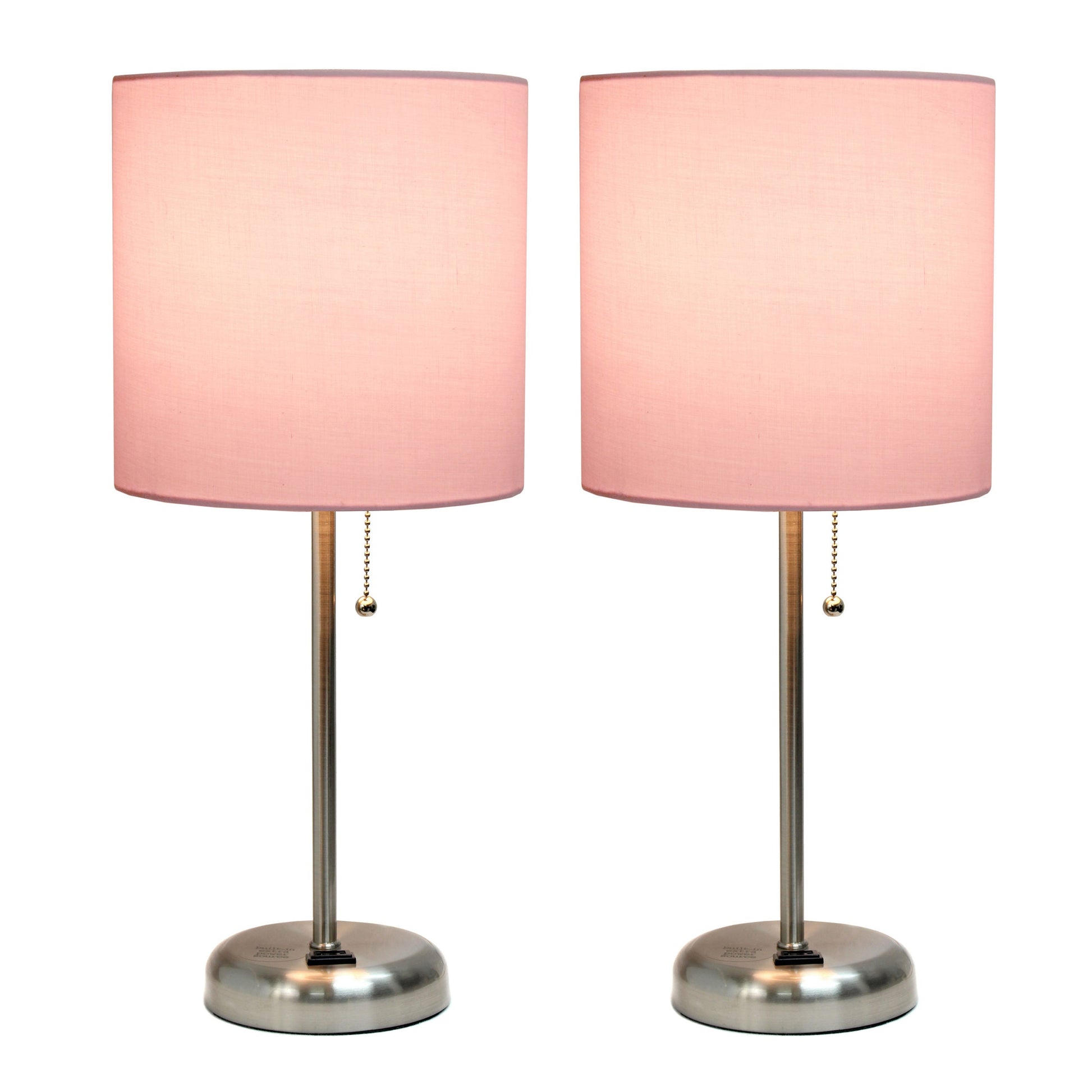 All The Rages LimeLights 2-Piece Light Pink Fabric Shade Brushed Steel Lamp With Charging Outlet