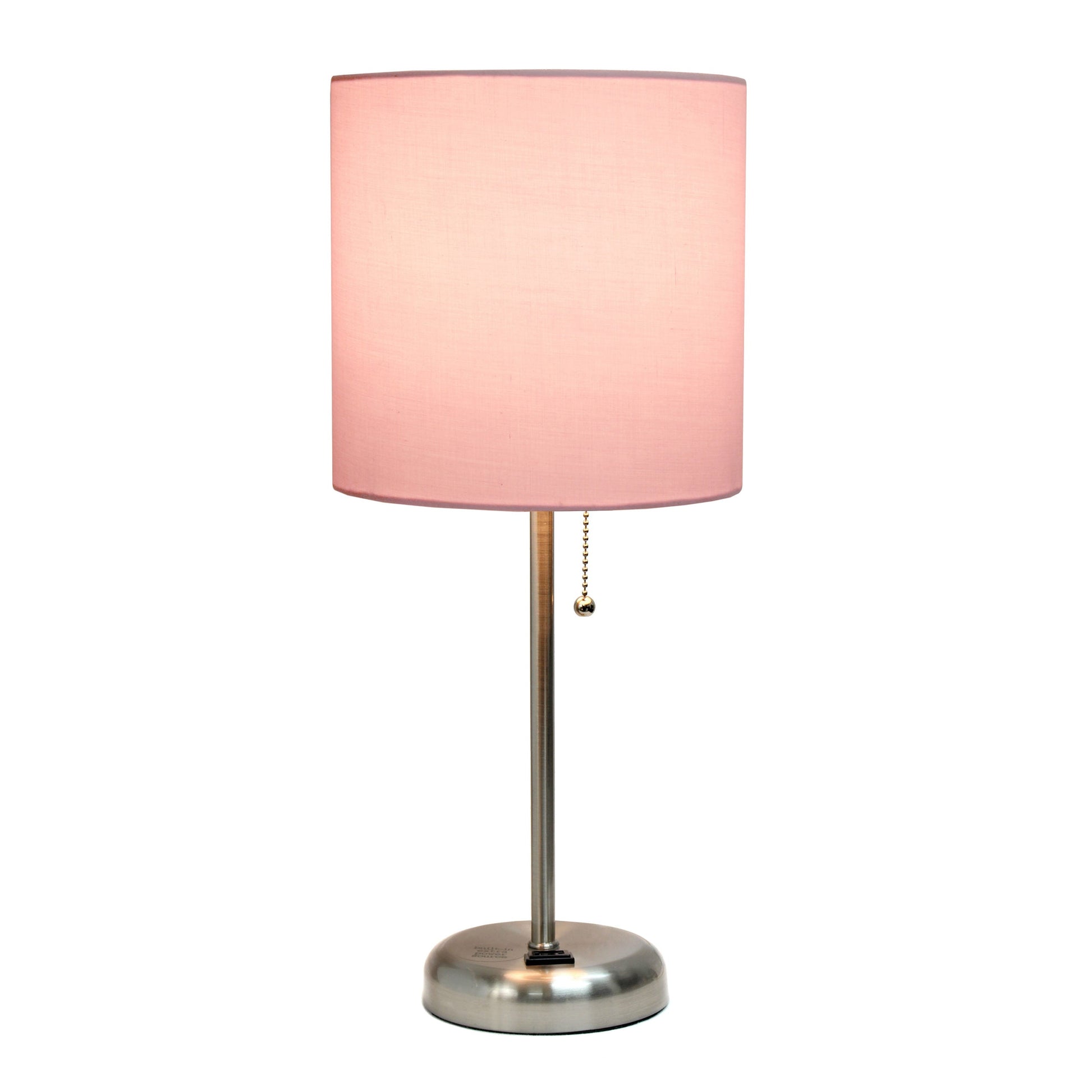 All The Rages LimeLights 2-Piece Light Pink Fabric Shade Brushed Steel Lamp With Charging Outlet