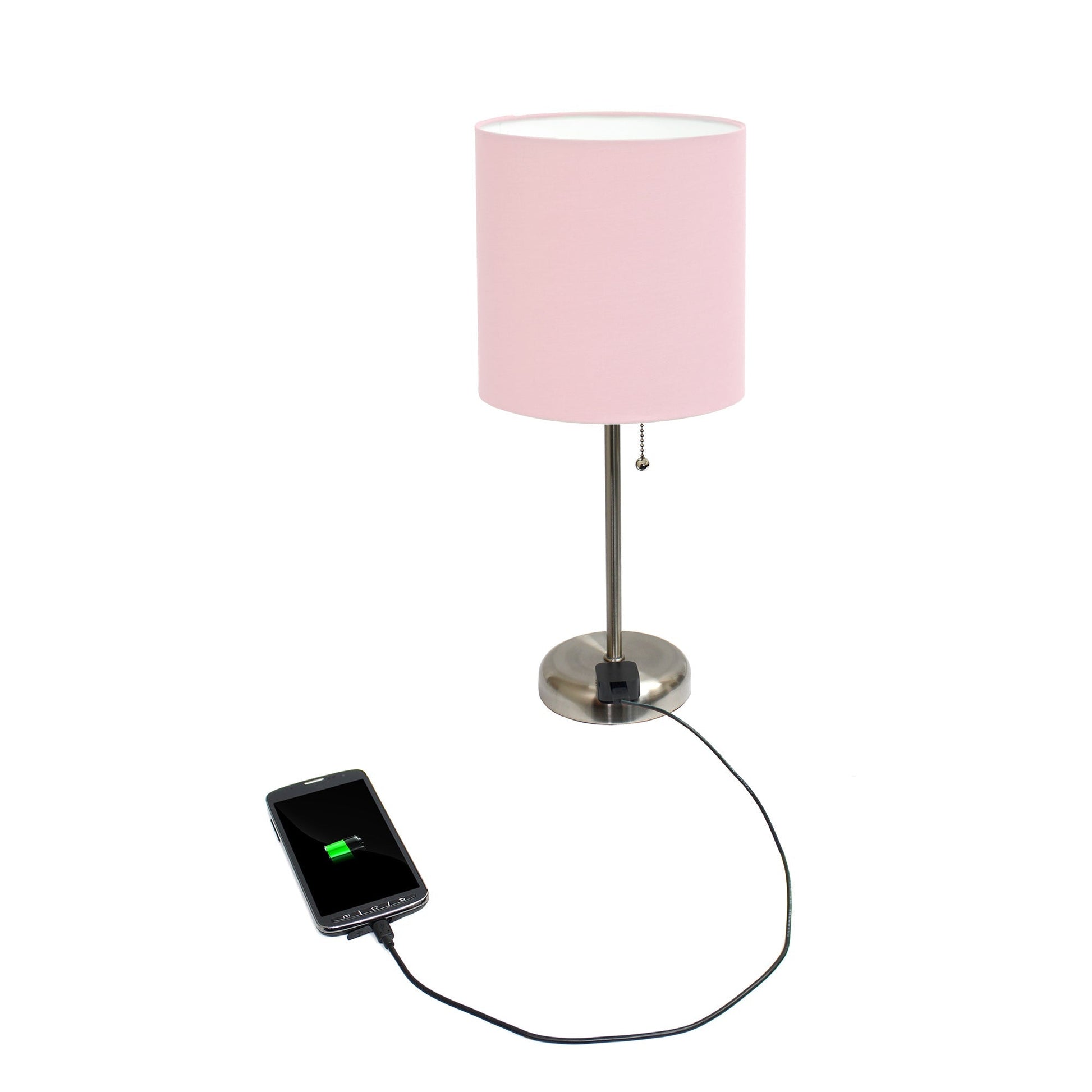 All The Rages LimeLights 2-Piece Light Pink Fabric Shade Brushed Steel Lamp With Charging Outlet