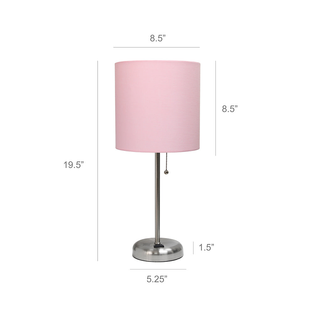 All The Rages LimeLights 2-Piece Light Pink Fabric Shade Brushed Steel Lamp With Charging Outlet