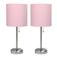 All The Rages LimeLights 2-Piece Light Pink Fabric Shade Brushed Steel Lamp With Charging Outlet