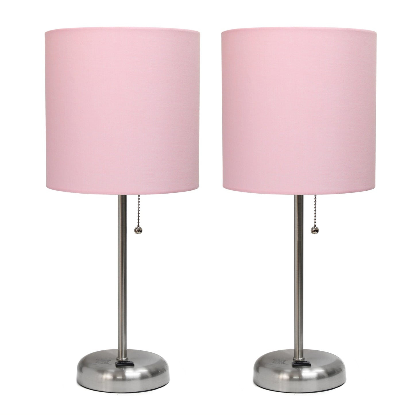 All The Rages LimeLights 2-Piece Light Pink Fabric Shade Brushed Steel Lamp With Charging Outlet