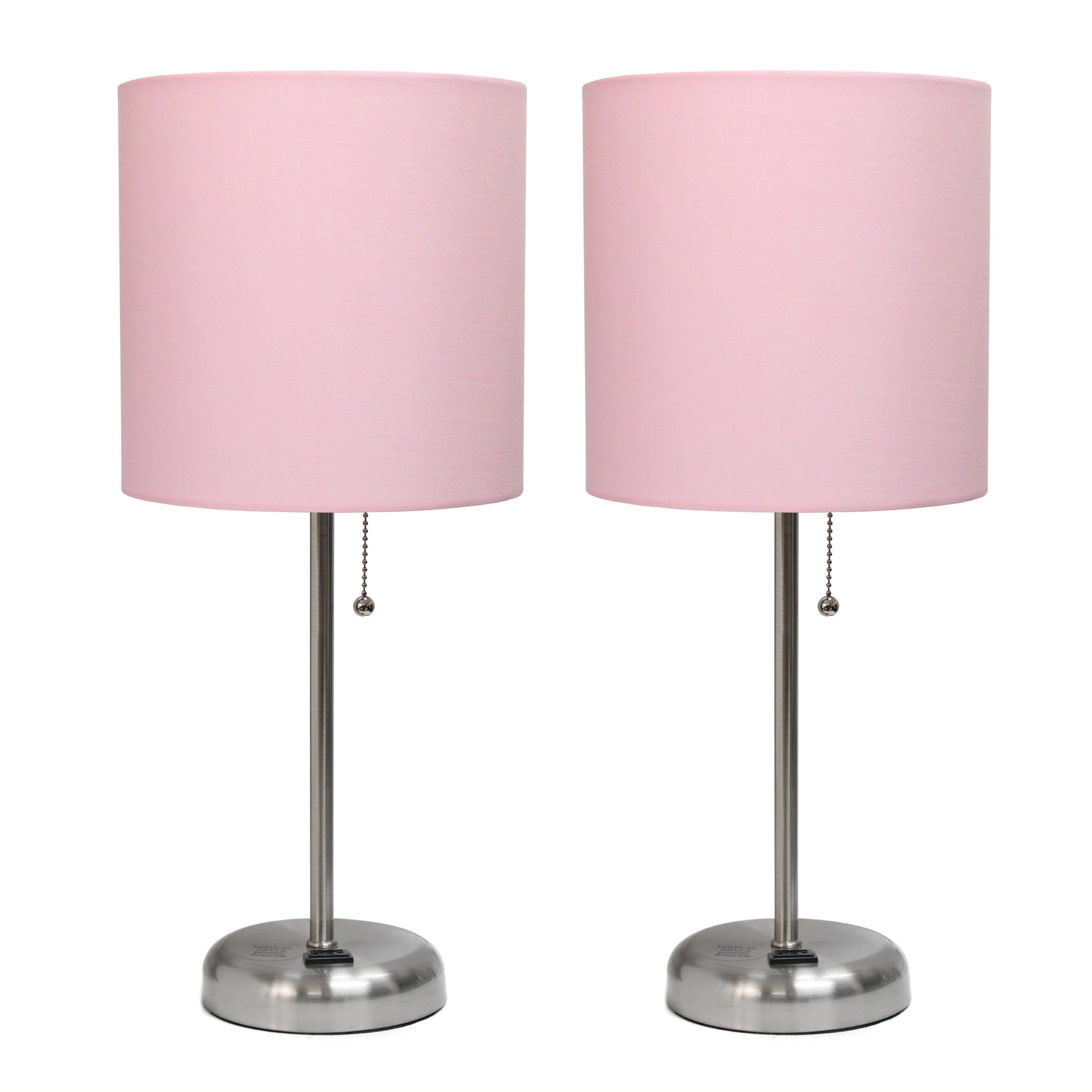 All The Rages LimeLights 2-Piece Light Pink Fabric Shade Brushed Steel Lamp With Charging Outlet