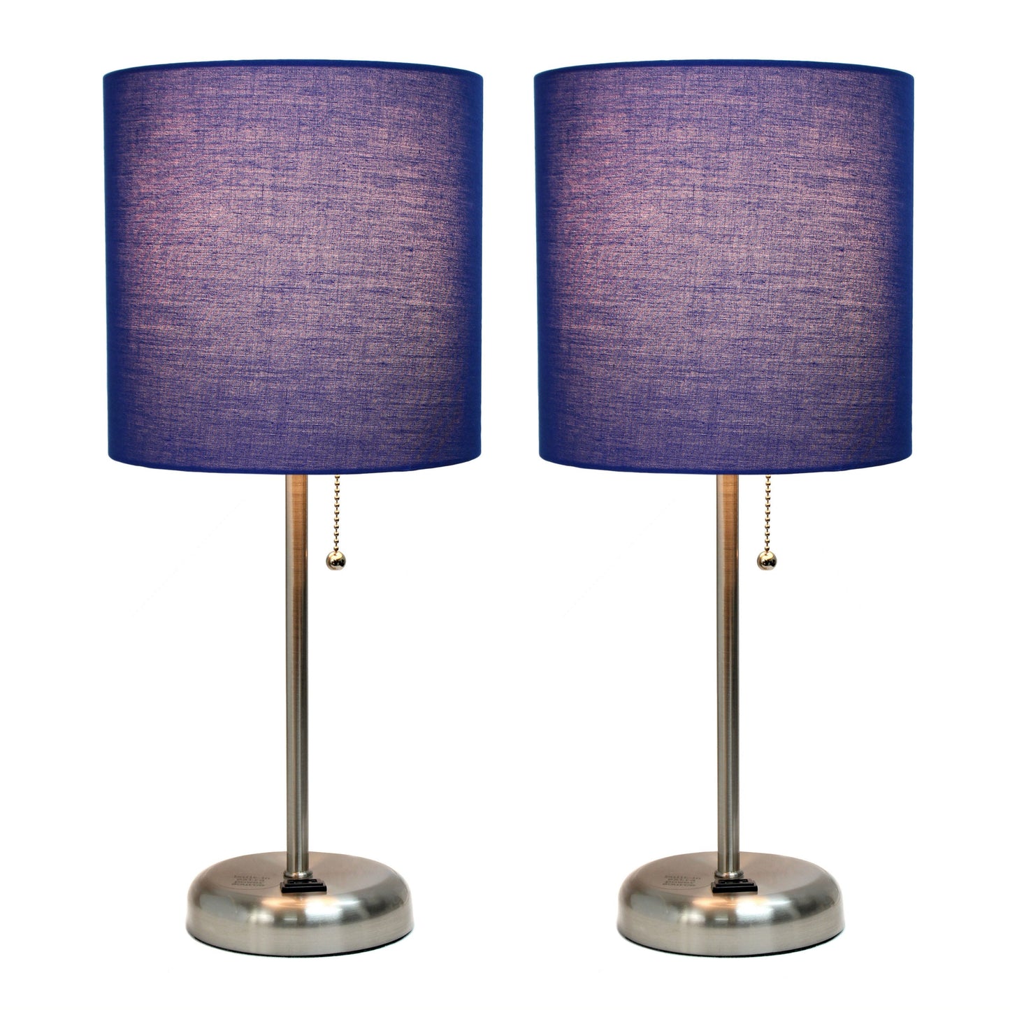 All The Rages LimeLights 2-Piece Navy Fabric Shade Brushed Steel Lamp With Charging Outlet